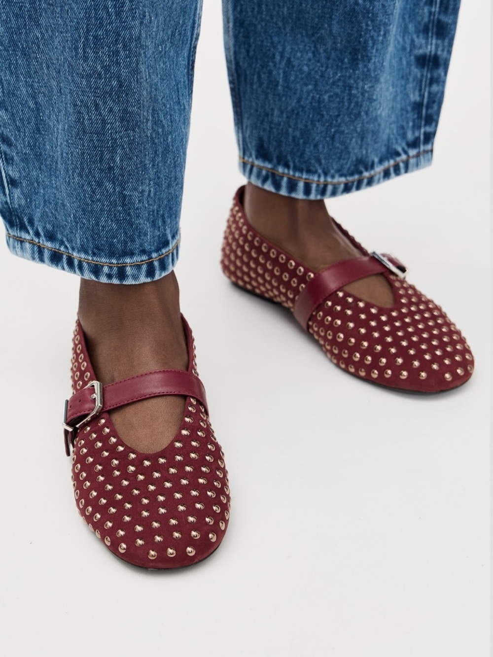 Schutz Studded Mary Jane Flats in Burgundy